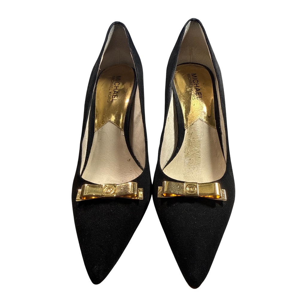 Michael Kors Womens Black Suede Pointed Toe Bow Pumps Gold Hardware Size 8M